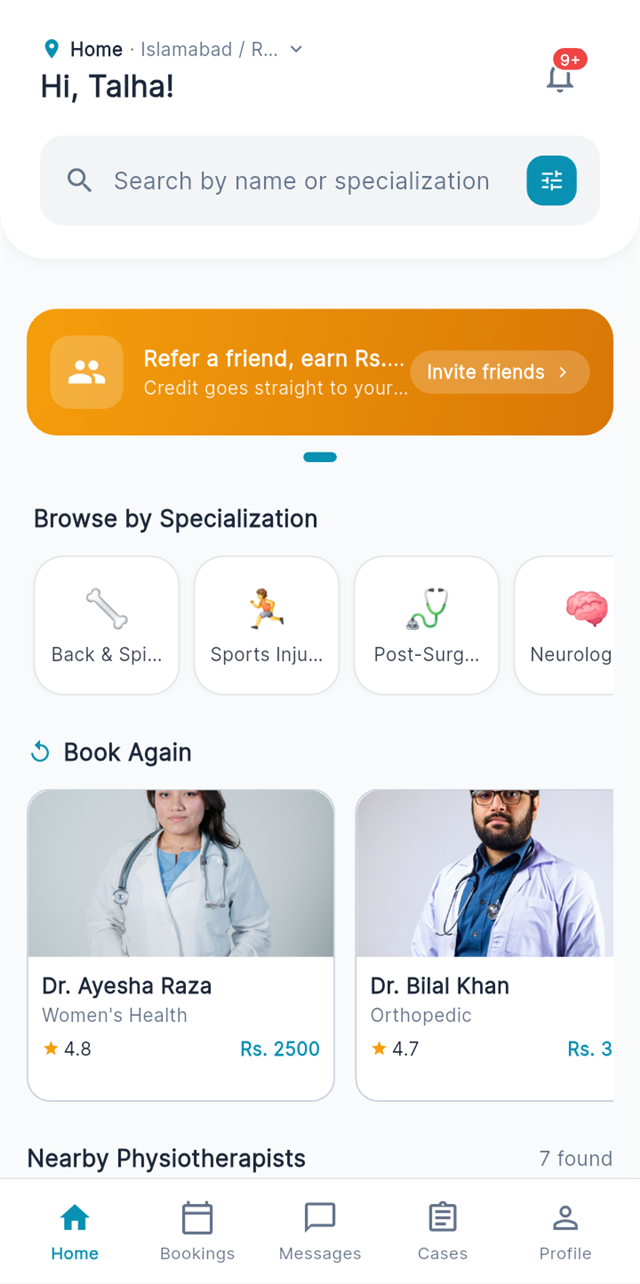 CureVista app home screen showing verified physiotherapists to book again